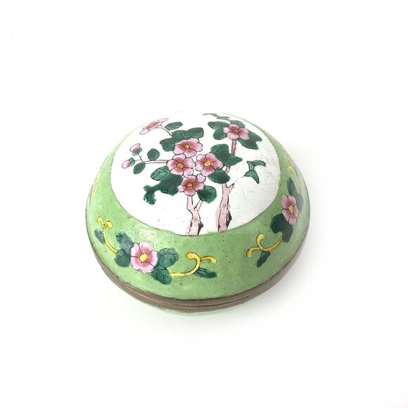 Chinese Canton Enamel Petite Vtg Hand Painted Copper Lidded Box Flower Design - Picture 1 of 6